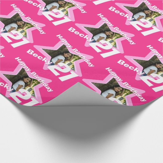 女の子の名前の年齢21あなたの写真のピンクの星のパターンを追加 ラッピングペーパー (角)