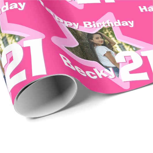 女の子の名前の年齢21あなたの写真のピンクの星のパターンを追加 ラッピングペーパー (ロールコーナー)