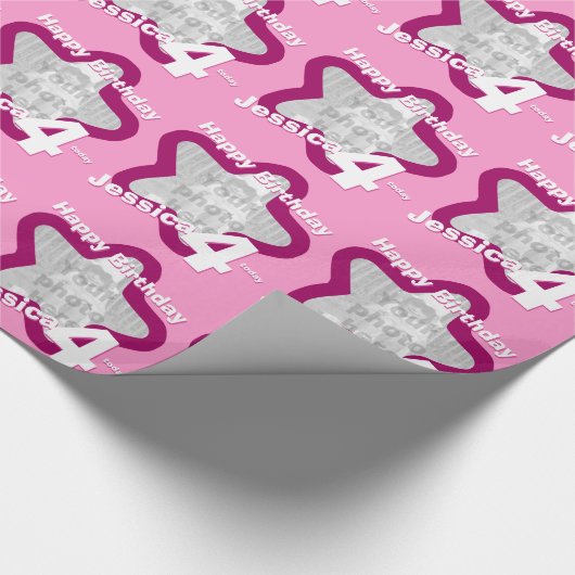 女の子の名前の年齢4あなたの写真のピンクの星のパターンを追加 ラッピングペーパー (角)