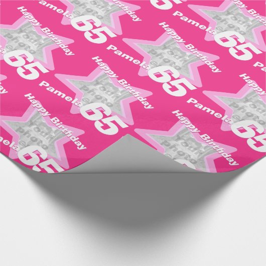 女の子の名前の年齢65あなたの写真のピンクの星のパターンを追加 ラッピングペーパー (コーナー)