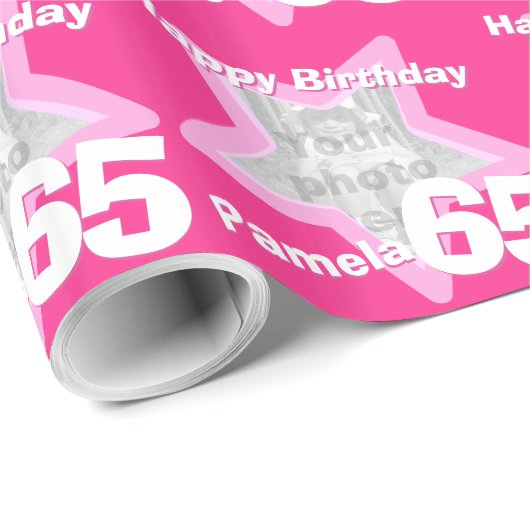 女の子の名前の年齢65あなたの写真のピンクの星のパターンを追加 ラッピングペーパー (ロールコーナー)