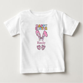 女の子の名前を入れたハッピーイースターバニー ピンク ベビーTシャツ