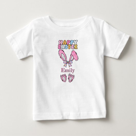女の子の名前を入れたハッピーイースターバニー ピンク ベビーTシャツ (正面)