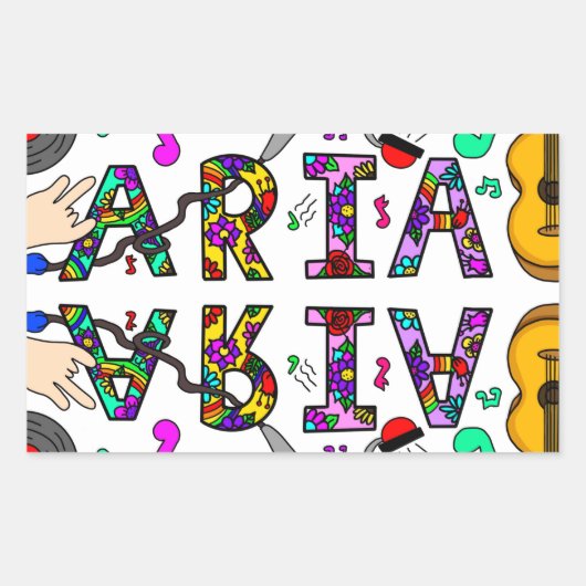 女の子の名前アリア，花と音楽 長方形シール (正面)