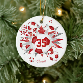 女の子の名前サッカーのボールが赤く輝く セラミックオーナメント