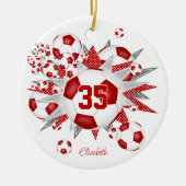 女の子の名前サッカーのボールが赤く輝く セラミックオーナメント (正面)