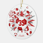 女の子の名前サッカーのボールが赤く輝く セラミックオーナメント (左)