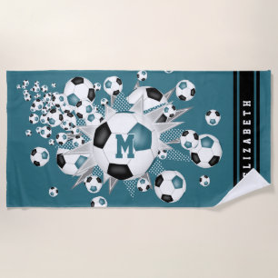 女の子の名前サッカーボール星スターブラックティール（緑がかった色） ビーチタオル