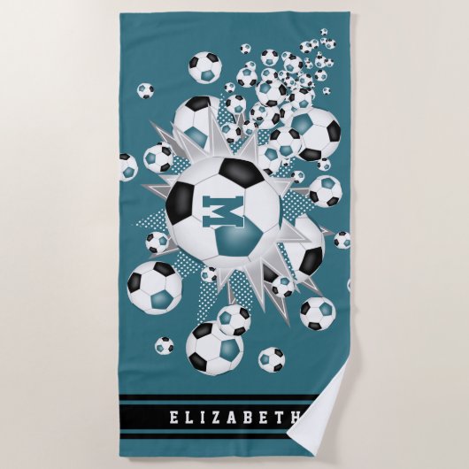 女の子の名前サッカーボール星スターブラックティール(緑がかった色) ビーチタオル (正面)