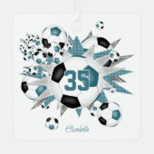 女の子の名前サッカーボール星スターブラックティール（緑がかった色） メタルオーナメント (正面)