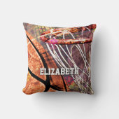 女の子の名前バスケットボールとフープピンパープルオレンジ クッション (正面)