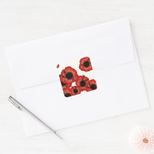 女の子の名前ポピー、赤いポピーのパターンアートby LeahG スクエアシール (封筒)