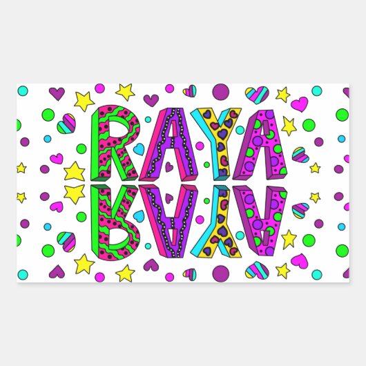 女の子の名前ラヤと星とハート お洒落 長方形シール (正面)