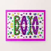 女の子の名前ラヤ、紫とピンクの星のハート ジグソーパズル (横)