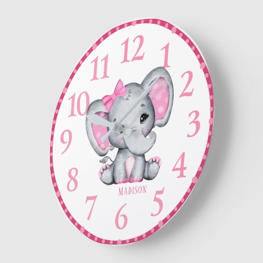 女の子の名前入りピンクの象の壁掛け時計 ラージ壁時計 (傾斜)