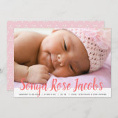 女の子の名前生まれたばかりのピンクのスクリプトオーバーレイ誕生 案内状 (正面/裏面)