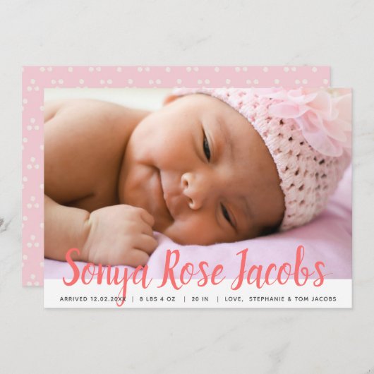 女の子の名前生まれたばかりのピンクのスクリプトオーバーレイ誕生 案内状 (正面/裏面)