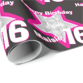 女の子の名前16誕生日フォトブラックピンクのスターラップ ラッピングペーパー (ロールコーナー)