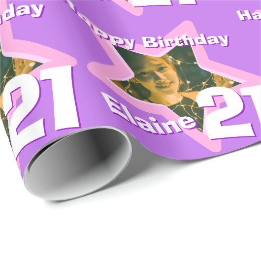 女の子の名前21stあなたの写真の紫色の星模様を追加 ラッピングペーパー (ロールコーナー)