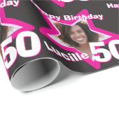 女の子の名前50th誕生日フォトピンクブラックラップ ラッピングペーパー (ロールコーナー)