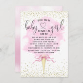 女の子の園参照ピンクの金ゴールドコットンキャンディーベビーシャワー 招待状 (正面/裏面)
