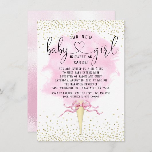 女の子の園参照ピンクの金ゴールドコットンキャンディーベビーシャワー 招待状 (正面/裏面)