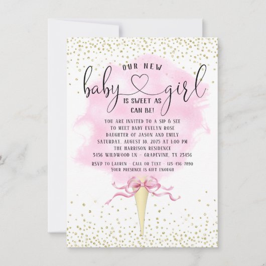 女の子の園参照ピンクの金ゴールドコットンキャンディーベビーシャワー 招待状 (正面)