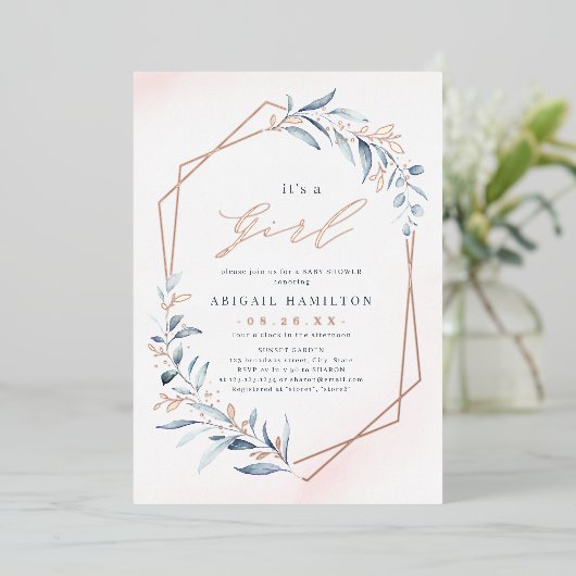 女の子の埃っぽい緑のバラ金ゴールドベビーシャワー 箔招待状 (立ち正面)