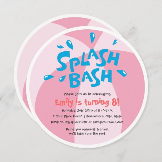 女の子の夏のしぶきのプールを囲んでのパーティの誕生日 招待状 (正面/裏面)