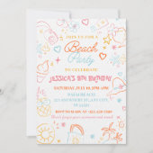 女の子の夏パーティー| カラフルビーチ誕生日 招待状 (正面)