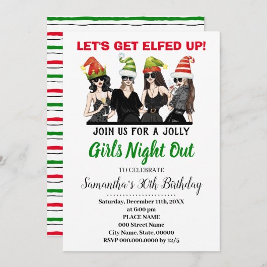 女の子の夜を楽しんで誕生日クリスマス 招待状 (正面/裏面)