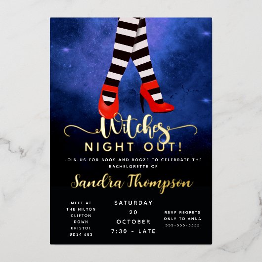 女の子の夜ハロウィーンのポスター – 不気味魔女 箔招待状 (正面)