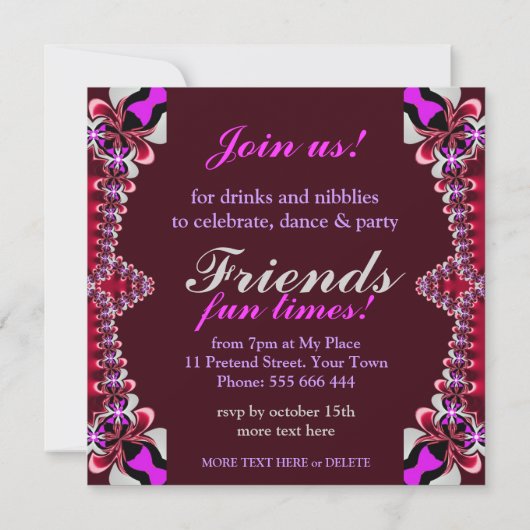 女の子の夜 赤いホットピンクパーティー招待状 招待状 (裏面)