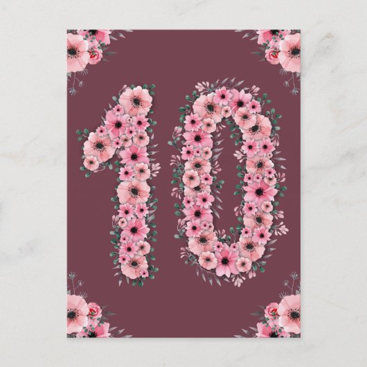 女の子の大きな10歳の誕生日 ピンクの花 緑の葉 ポストカード (正面)