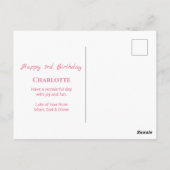 女の子の大きな3歳の誕生日 ピンクの花 緑の葉 ポストカード (裏面)