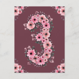 女の子の大きな3歳の誕生日 ピンクの花 緑の葉 ポストカード