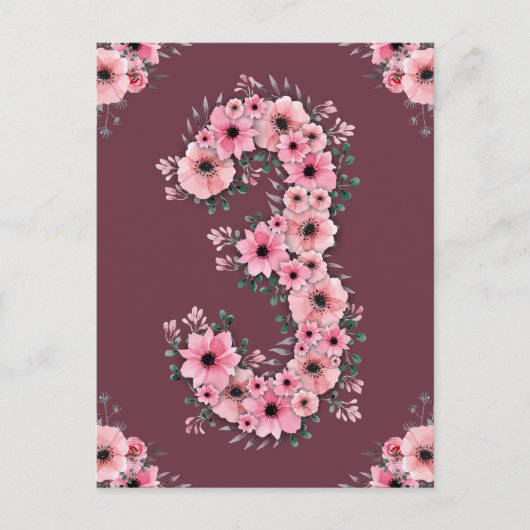 女の子の大きな3歳の誕生日 ピンクの花 緑の葉 ポストカード (正面)