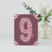 女の子の大きな9歳の誕生日 ピンクの花 緑の葉 ポストカード (スタンド正面)