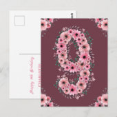 女の子の大きな9歳の誕生日 ピンクの花 緑の葉 ポストカード (正面/裏面)