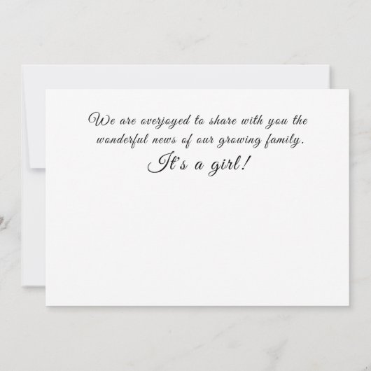女の子の妊娠ジェンダーが喜びを明らかにする 案内状 (裏面)