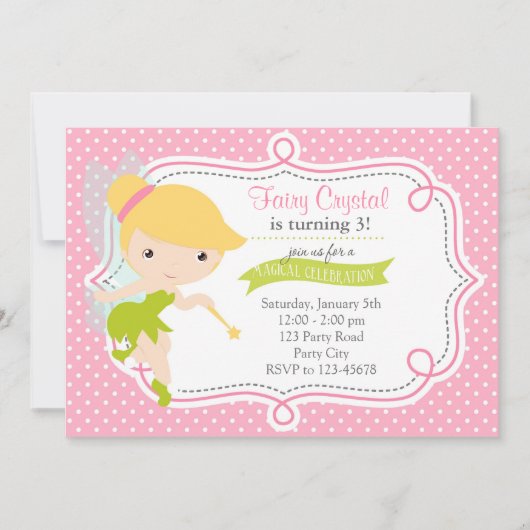 女の子の妖精の誕生日招待状(ピンク・グリーン) 招待状 (正面)