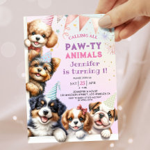 女の子の子犬がパーティーを開こう 1歳の誕生日招待状