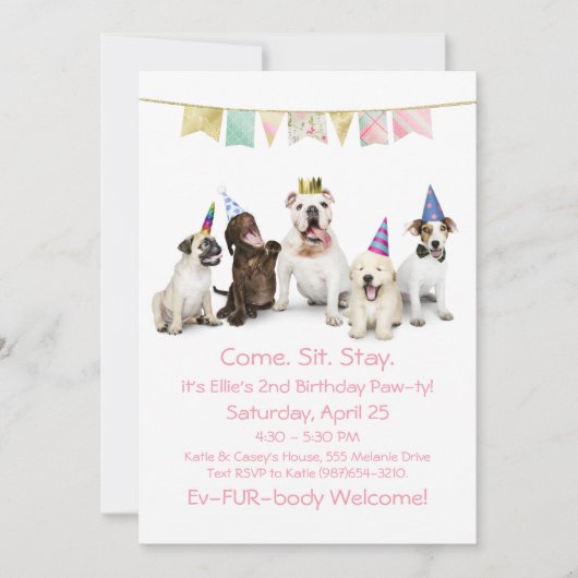 女の子の子犬のための犬の誕生日パーティー 招待状 (正面)