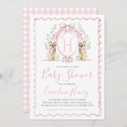 女の子の子犬の犬のベビーシャワー プレッピー ピンクのギンガム 招待状 (正面/裏面)