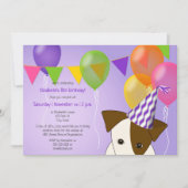女の子の子犬の誕生日の紫数々の色のバルーン 招待状 (正面)