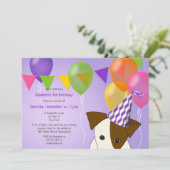 女の子の子犬の誕生日の紫数々の色のバルーン 招待状 (スタンド正面)