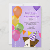 女の子の子犬の誕生日の紫数々の色のバルーン 招待状 (正面)