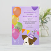 女の子の子犬の誕生日の紫数々の色のバルーン 招待状 (スタンド正面)
