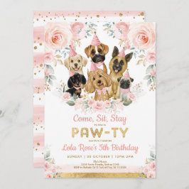 女の子の子犬の誕生日パーティー ブッシュピンクの花 招待状