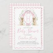 女の子の子犬の赤ちゃんシャワーピンク名門私立校風のギンガム 招待状 (正面/裏面)